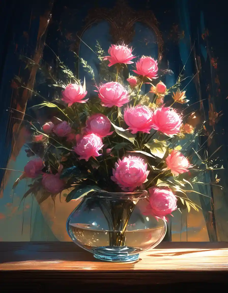 Pink thistle and rose still life by a sunny window