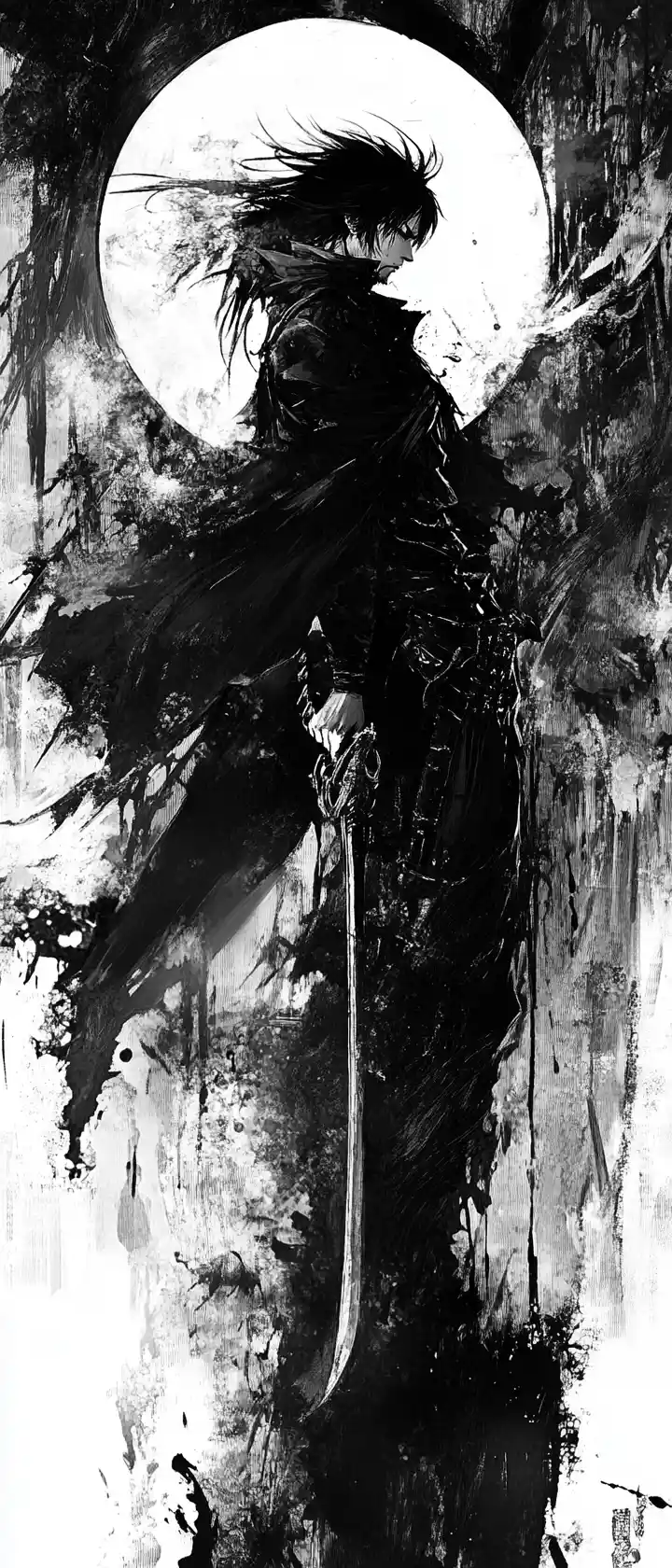 Dark fantasy manga warrior in black and white ink