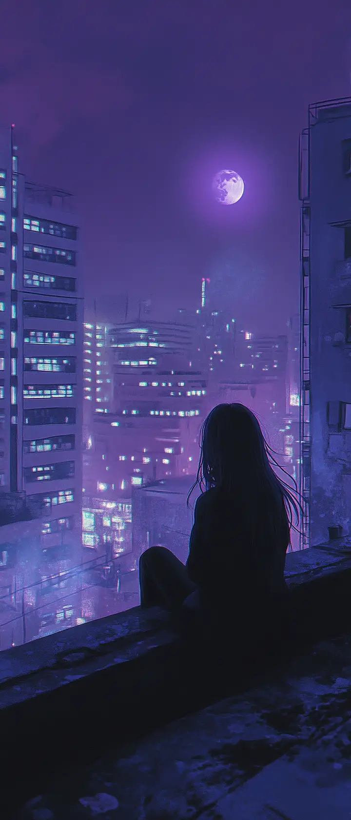 Anime-Mädchen auf einem ruhigen Dach über einer lila Stadt