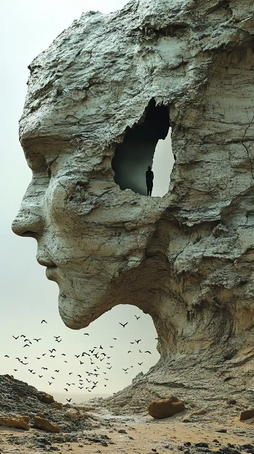 Colossal Stone Head Above A Lonely Figure In Mist