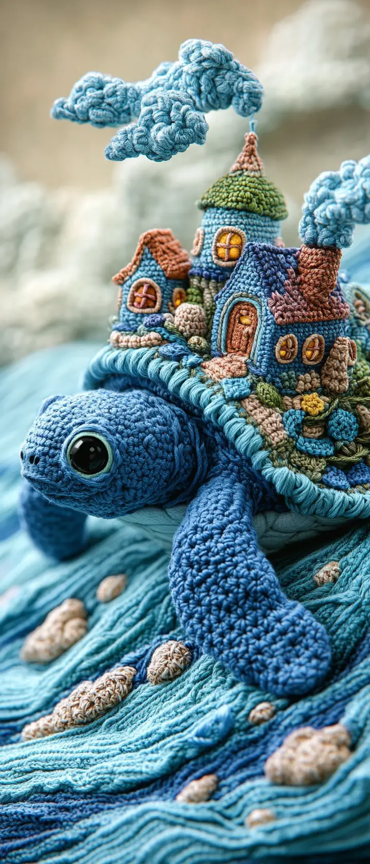 Tortue de Mer Fantaisiste en Art Textile avec Village Miniature