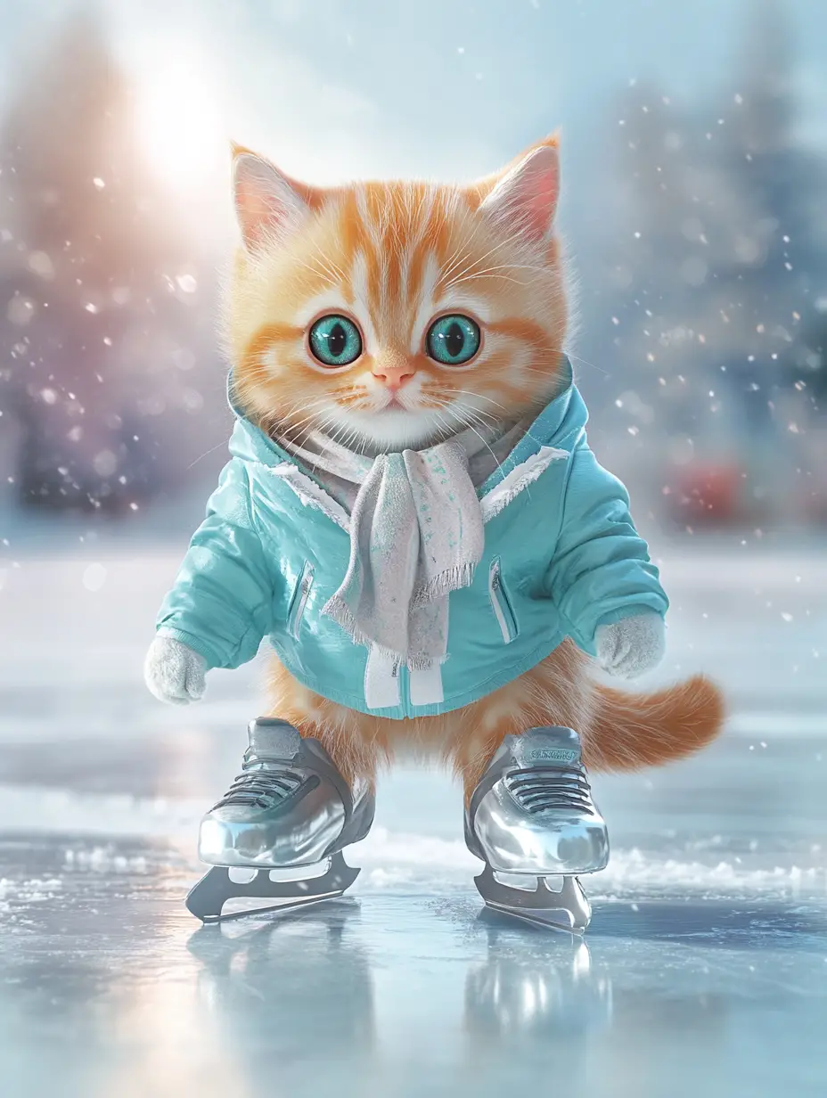 明るいスケートリンクでスケートをするかわいいオレンジタビー猫