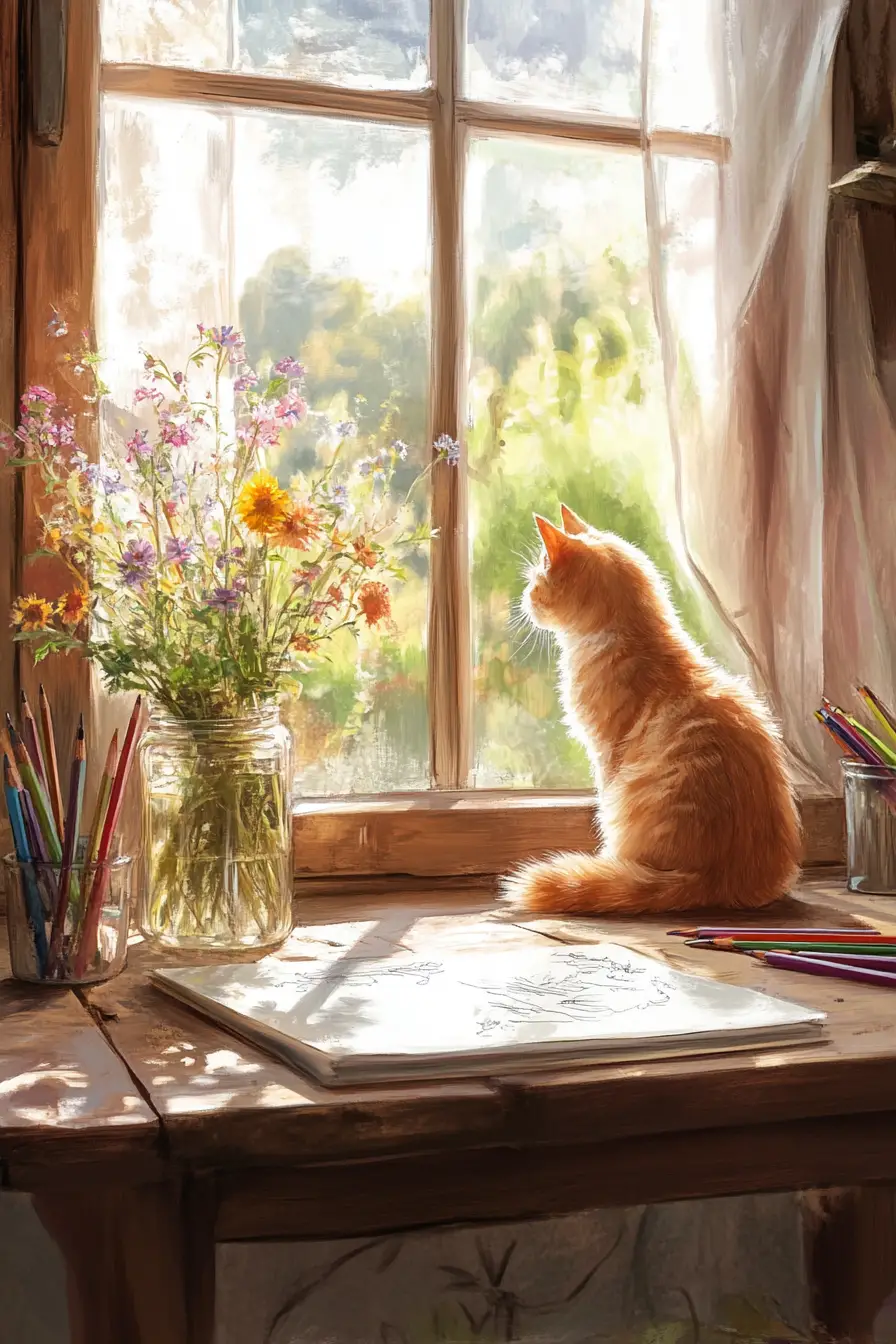 Chat orange avec fleurs sauvages sur un bureau rustique baigné de soleil