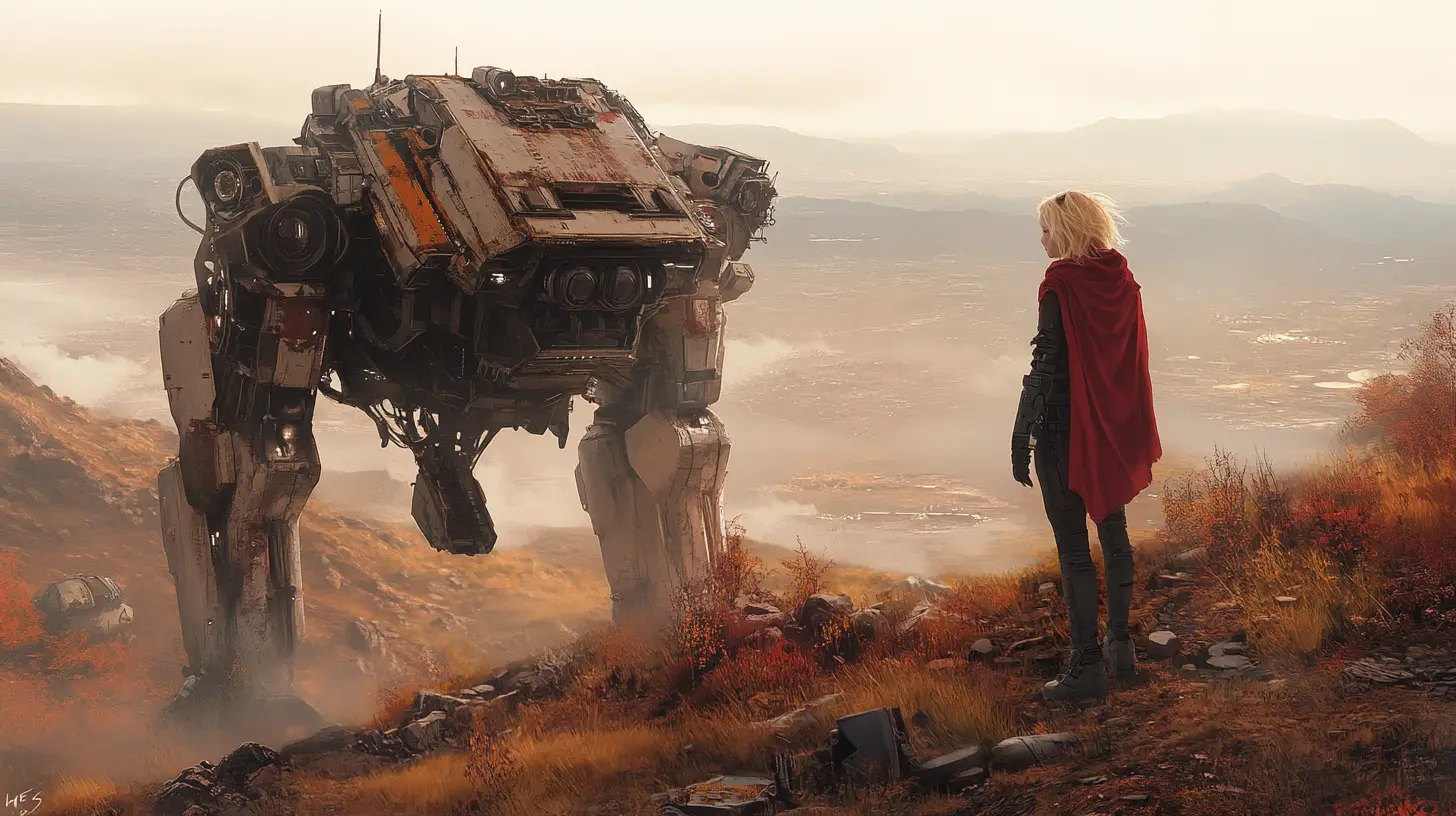 Blonde woman with sci fi robot in alien landscape