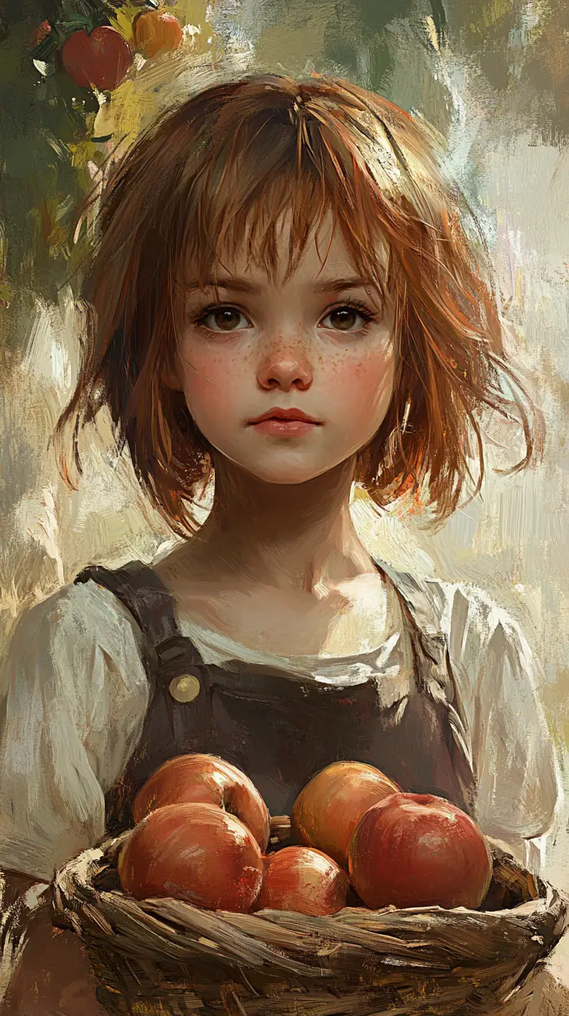 Young auburn haired girl with apples in an orchard