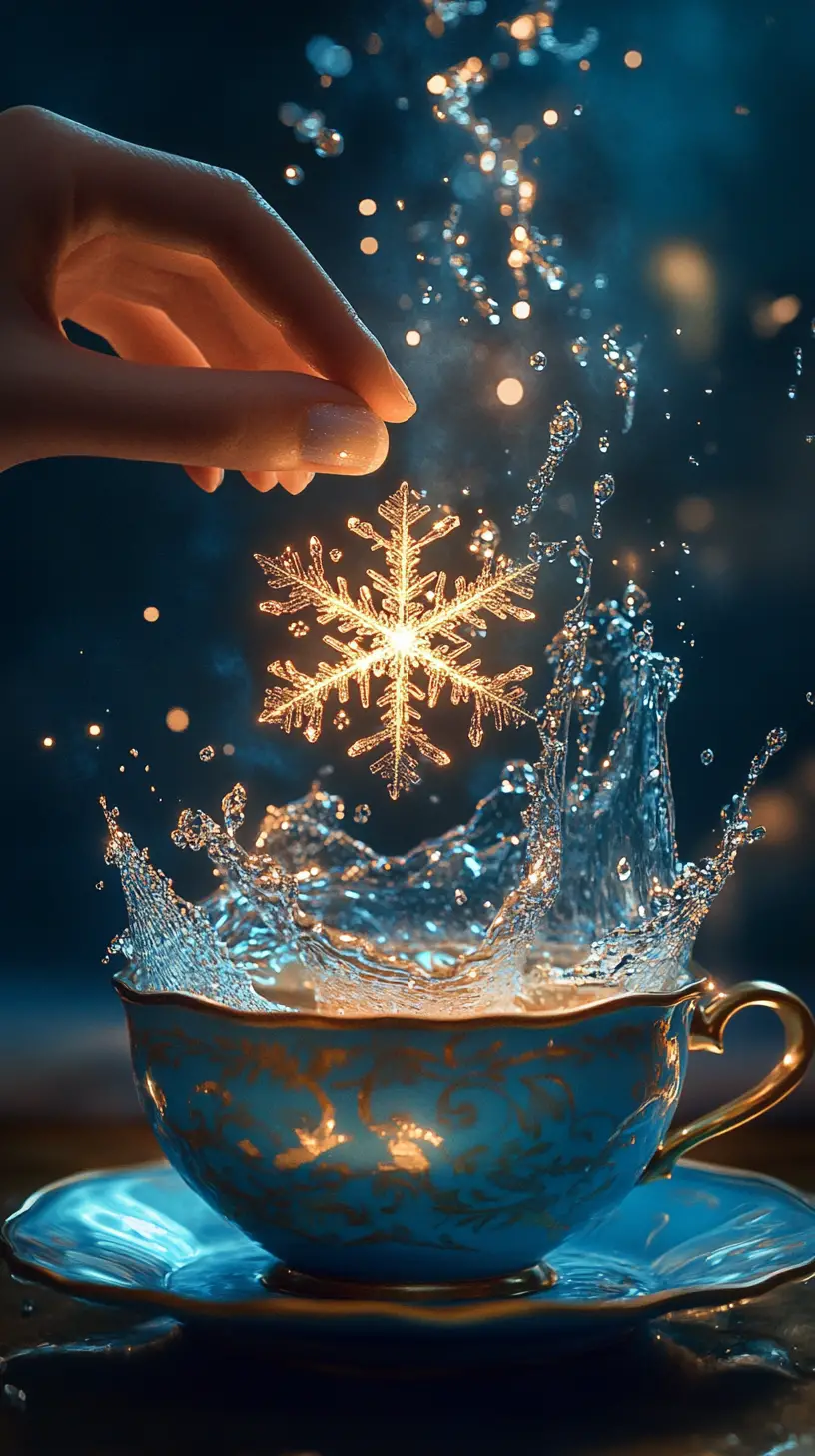 星空藍色茶杯上方漂浮的發光雪花