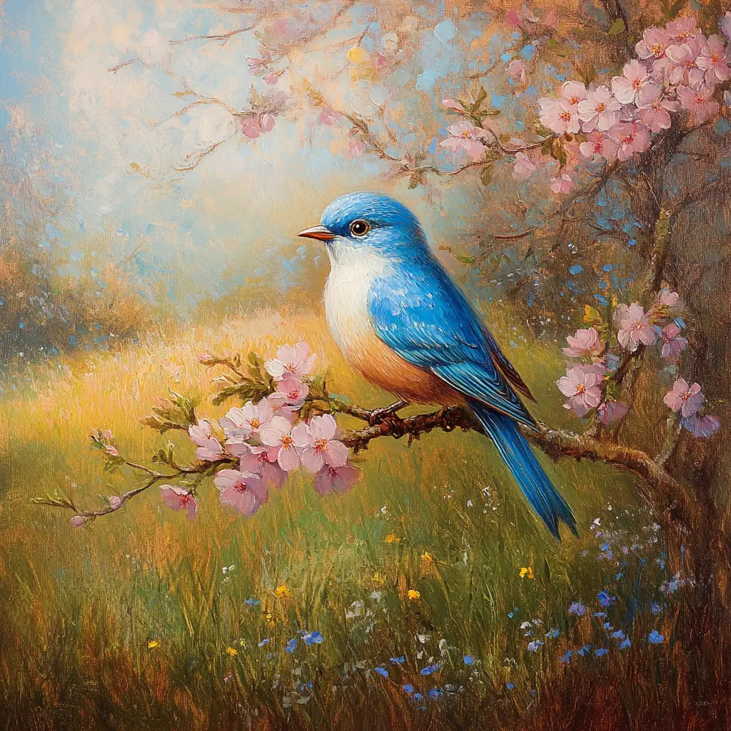 藍鳥與櫻花的巴洛克畫作