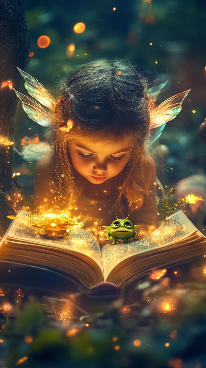 Kind öffnet ein magisches Buch bunter Fantasie