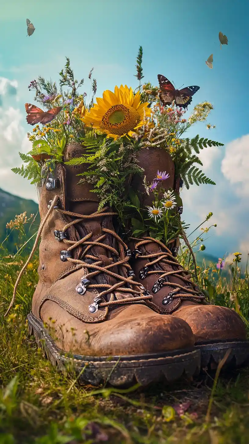 Botas de senderismo de cuero desgastadas llenas de flores silvestres de pradera
