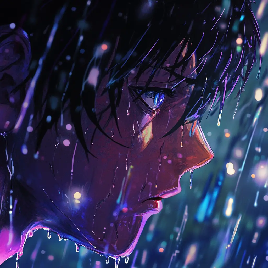 霓虹反射下雨中的震驚男子