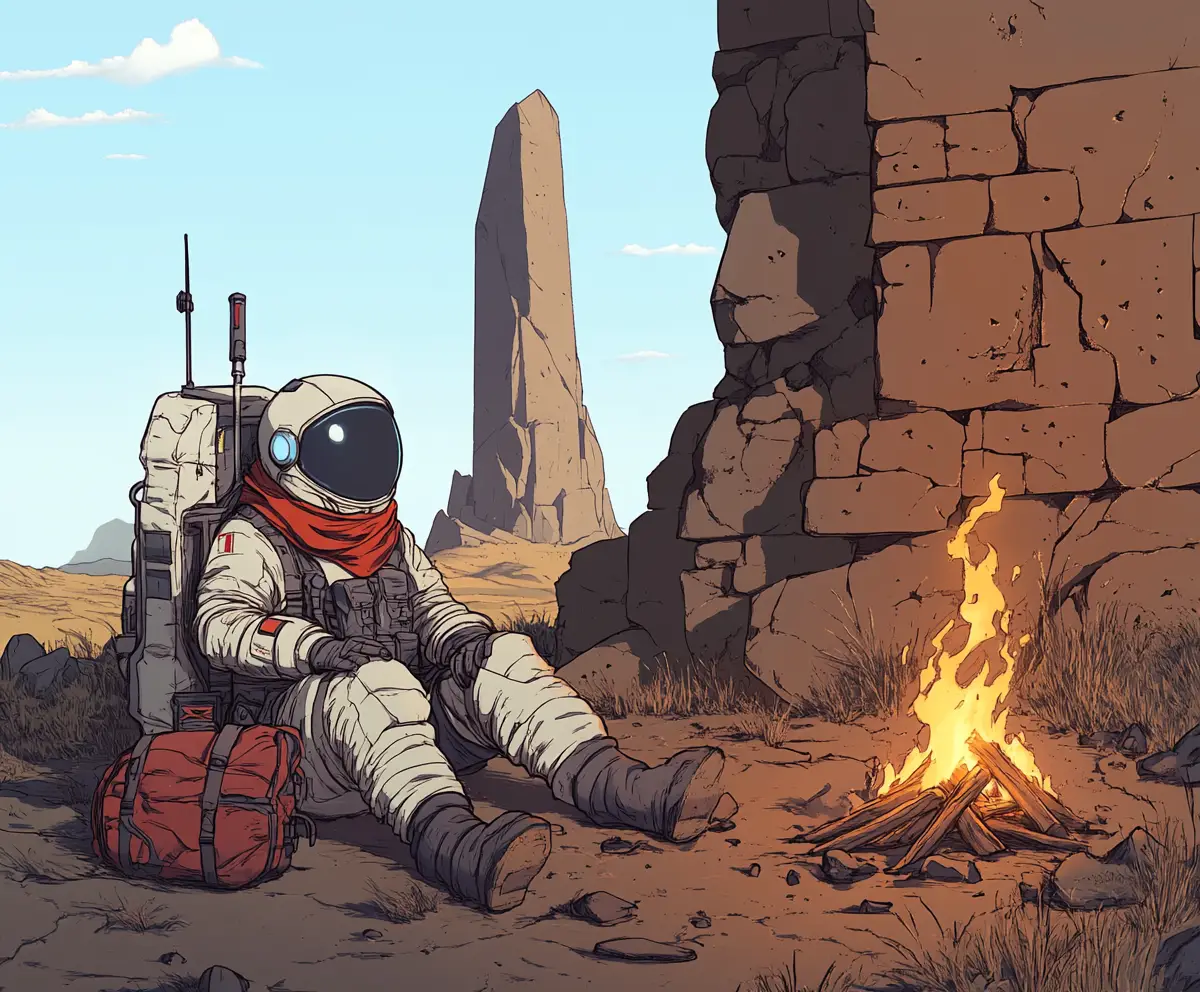 Astronauta che riposa accanto al falò tra rovine nel deserto