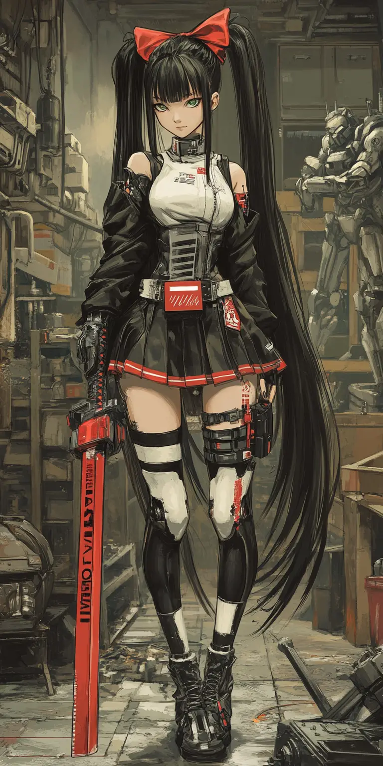 Cyborg-Anime-Mädchen mit Katana in einer Roboterwerkstatt
