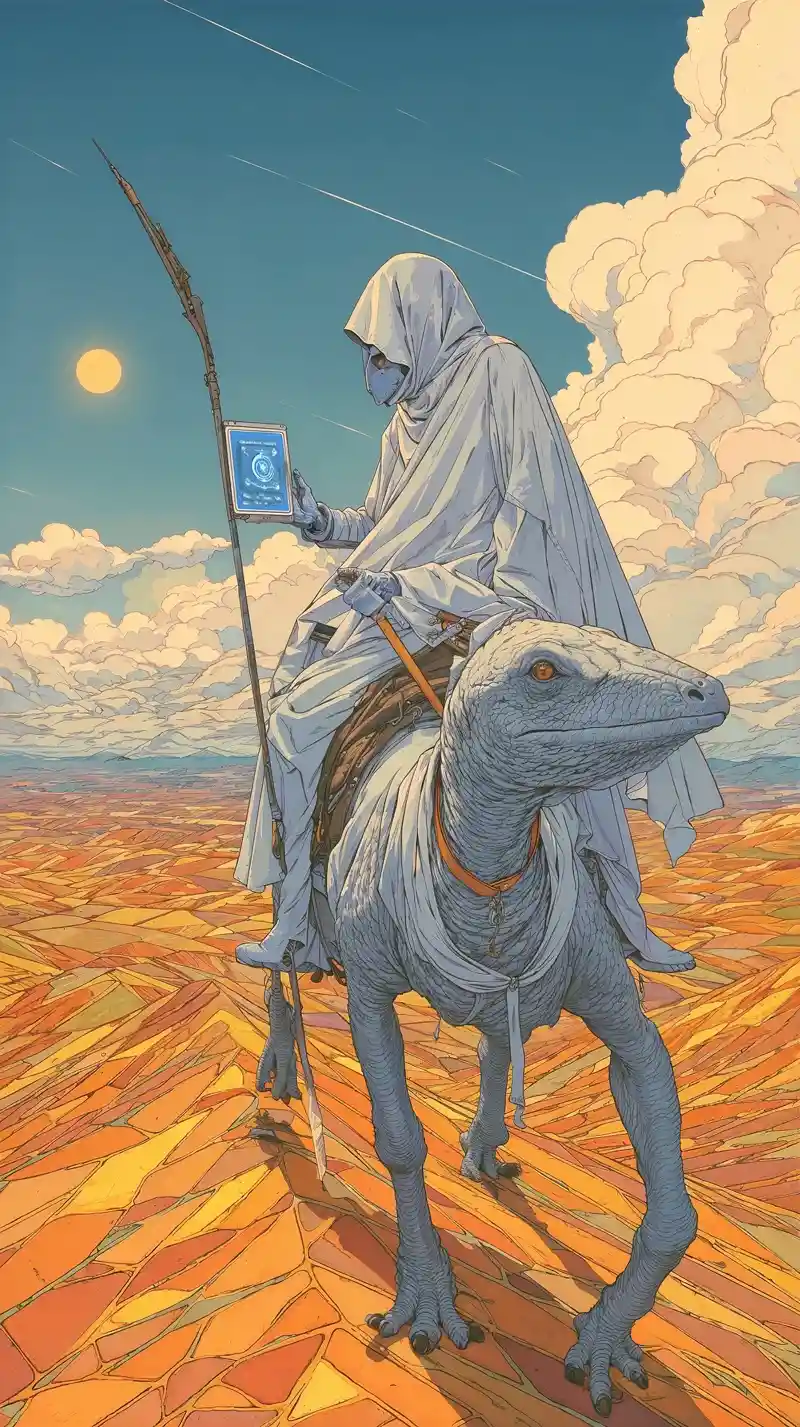 Hooded rider on serpentine beast across blazing wasteland