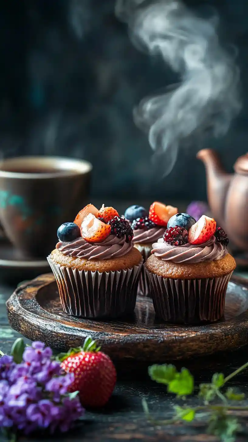 Artistic cupcakes and tea on rustic tabletop plate