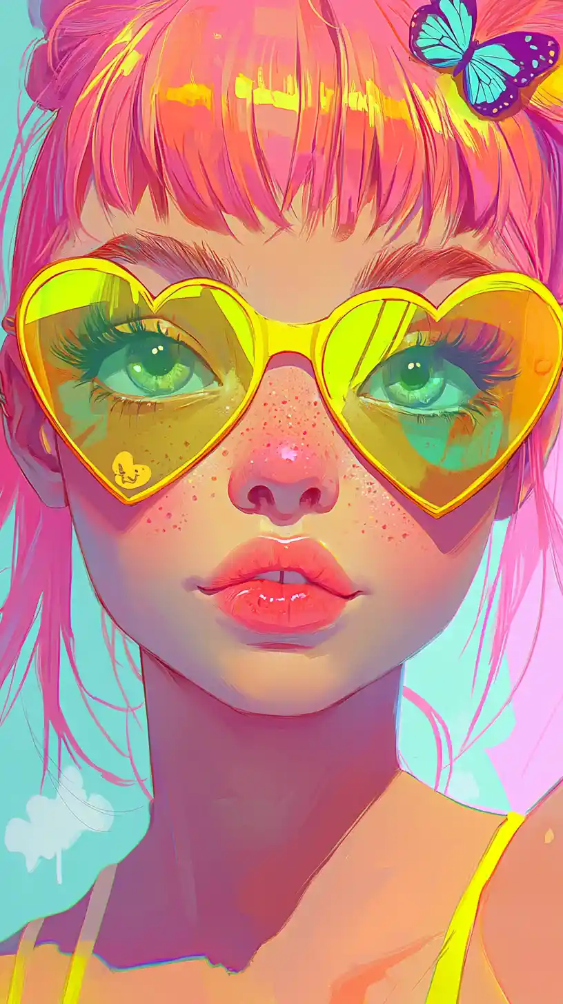 Cute anime girl with pink hair and heart sunglasses