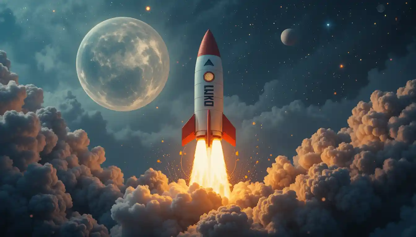 Rocket blasting off into outer space with bright flames