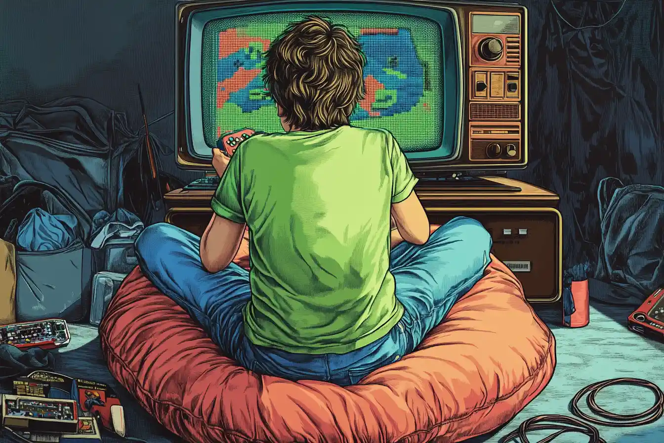 Adolescente jugando en una consola retro en un dormitorio de los años 80