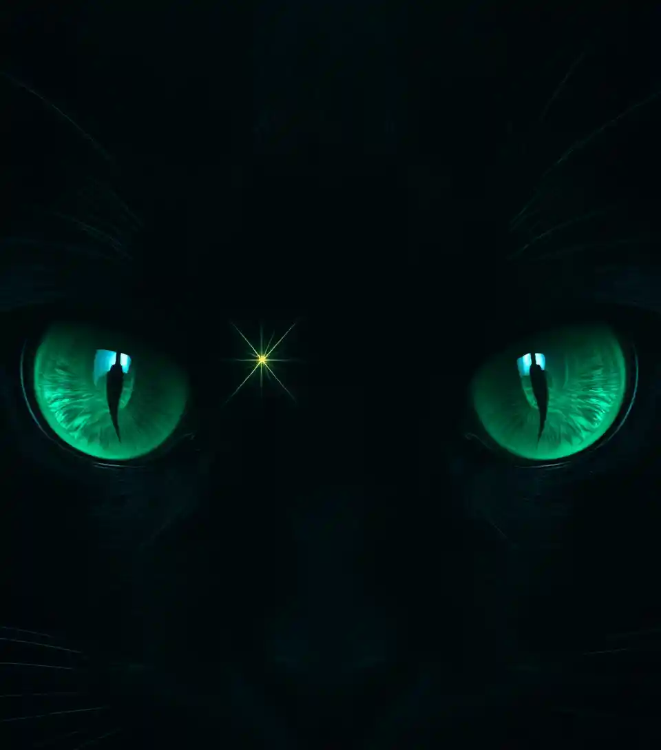 Primo piano di occhi di gatto verde smeraldo luminosi nel buio
