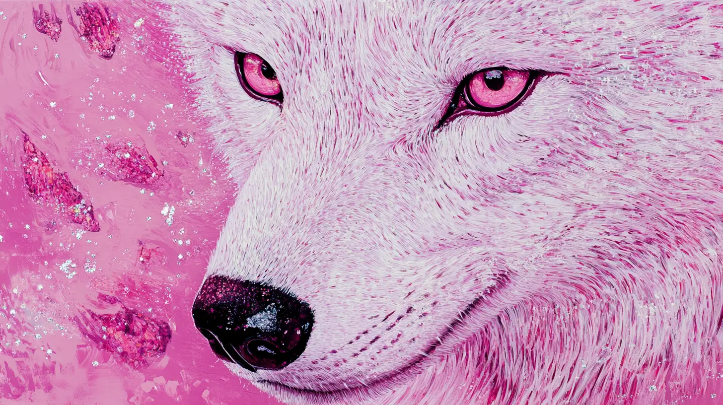 Nahaufnahme eines weißen Wolfs mit verspielten funkelnden Details