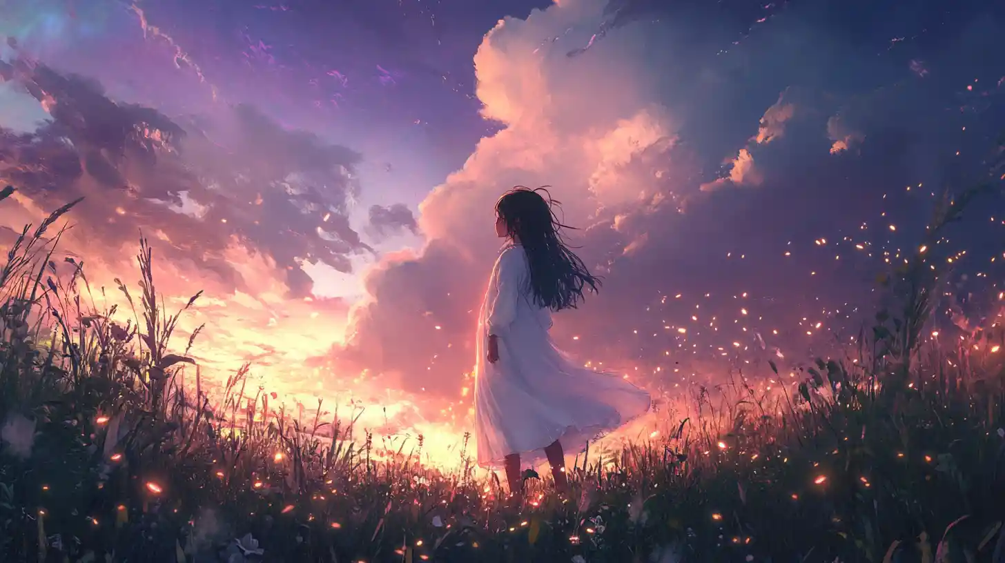 Girl in white dress with fireflies at twilight