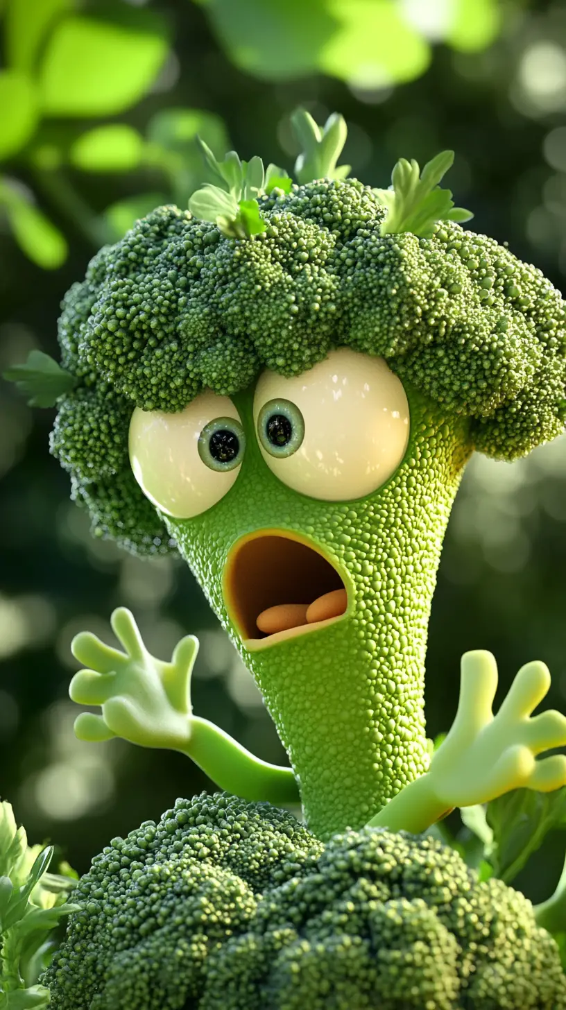 Cartoon broccoli floret with big eyes and scared expression