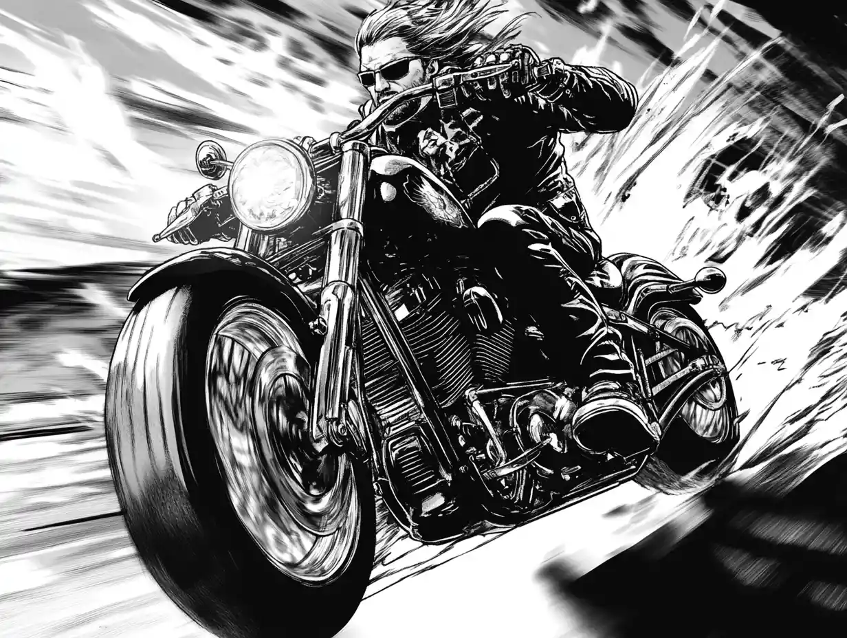 Side view of a biker racing on a powerful motorcycle