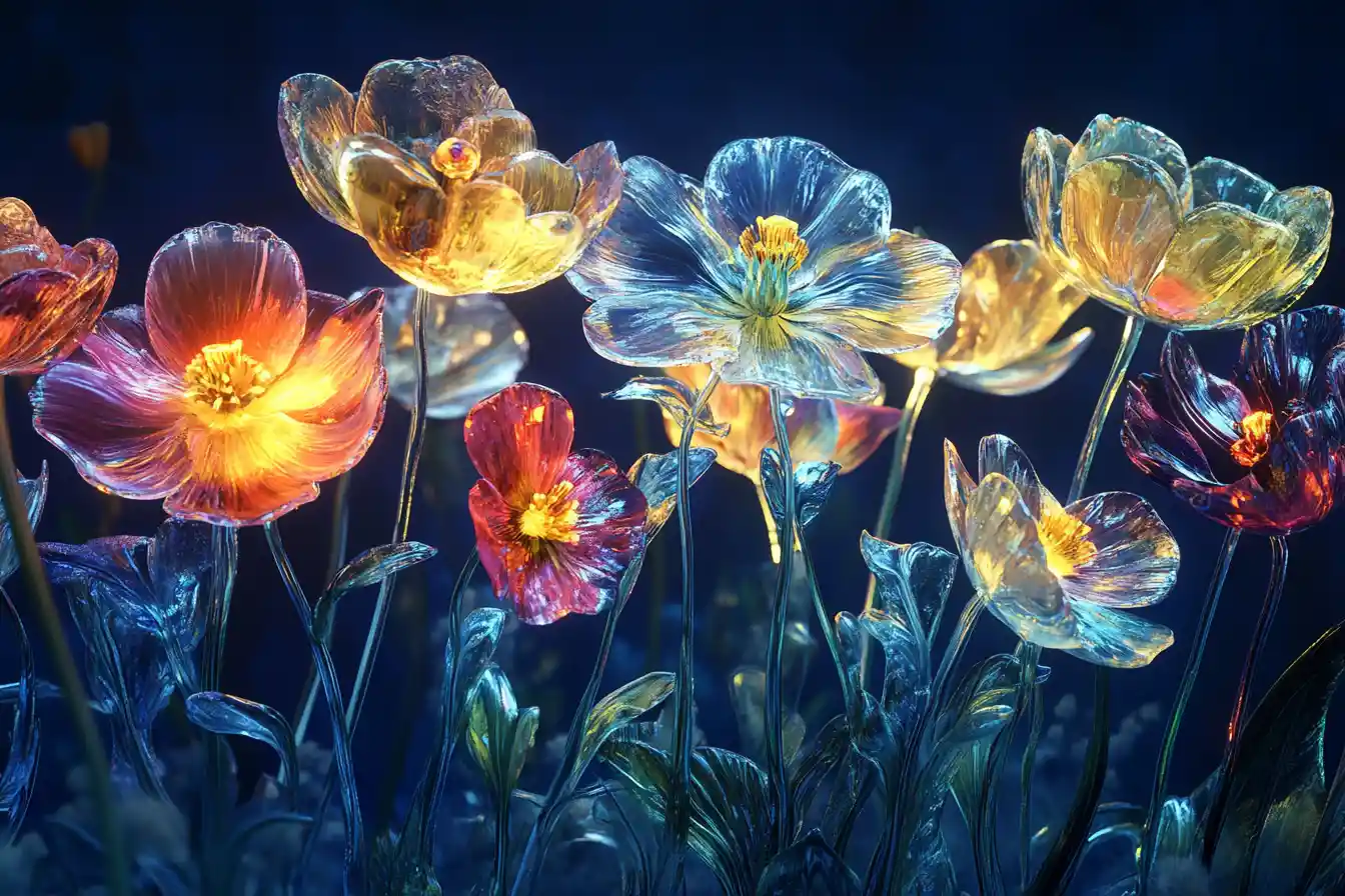 Glowing glass flower garden on a deep blue background