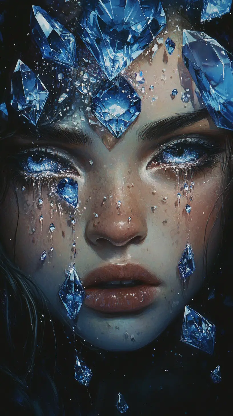 Woman crying jewels that transform into glittering gemstones