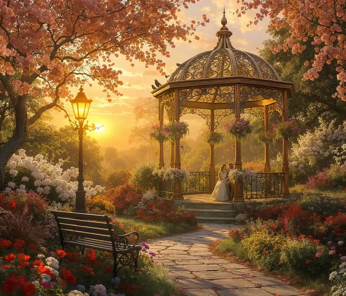 Gazebo di rame in un giardino rigoglioso al tramonto