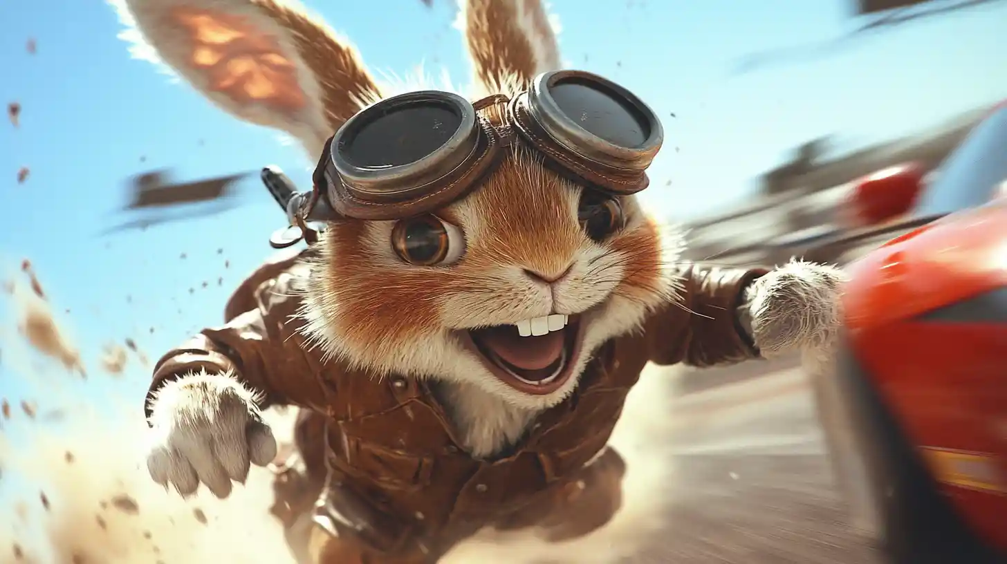 Anthropomorphic Racing Rabbit Beside Speeding Ferrari