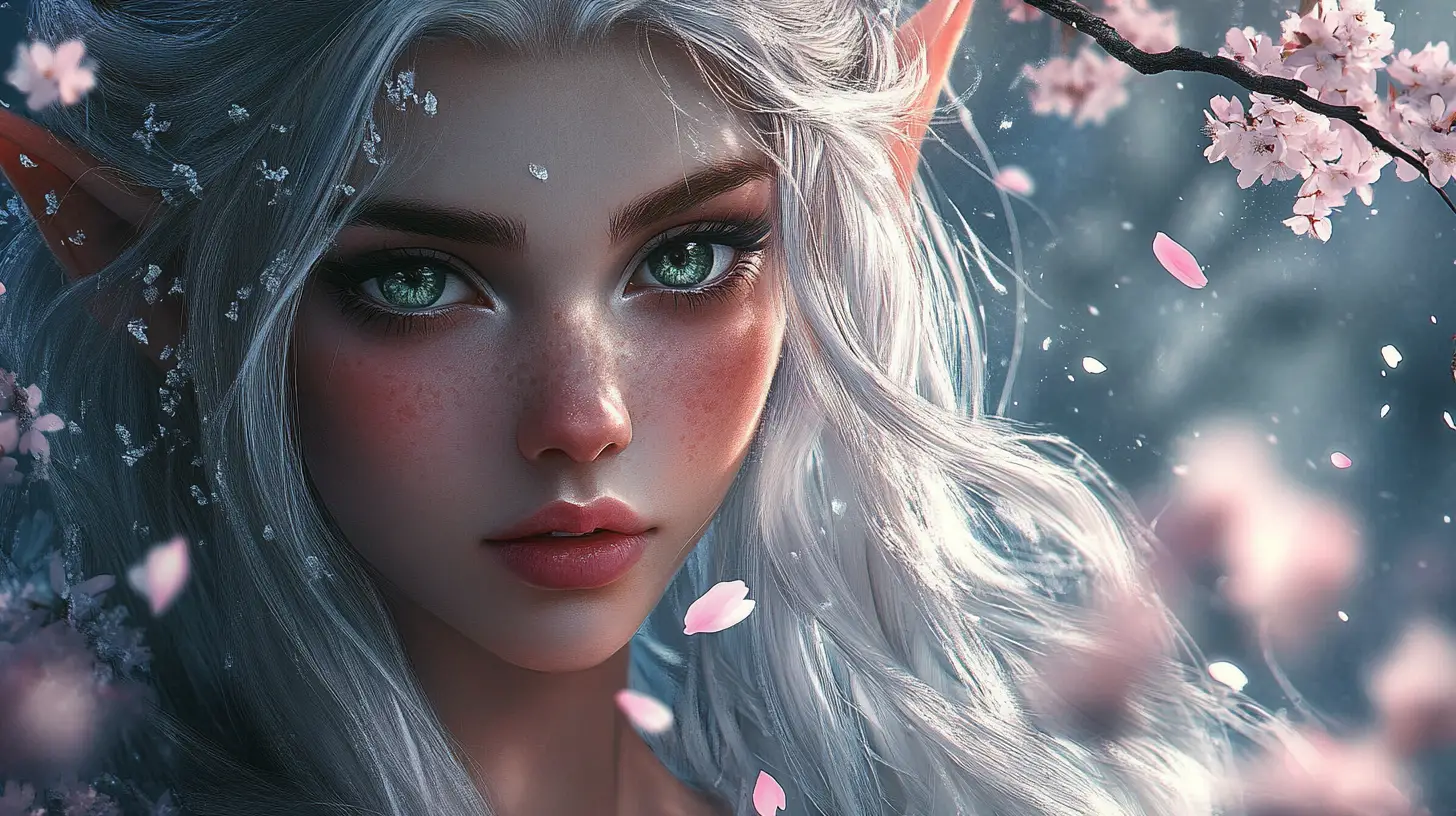 Princesse elfe sous de doux pétales de fleurs de cerisier tombant
