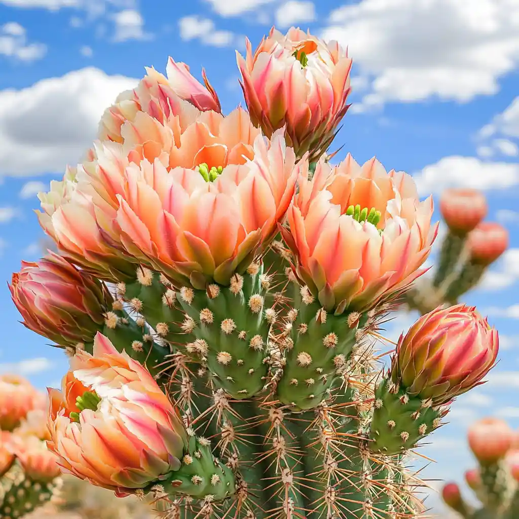 Primo piano di un cactus con fiori colorati e cielo desertico