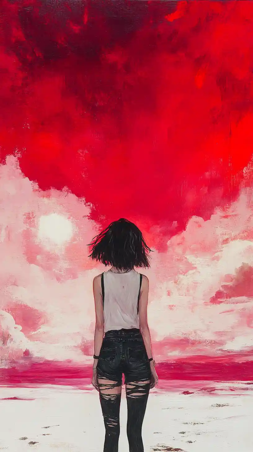 風暴中白色沙漠暮光裡的墨繪少女