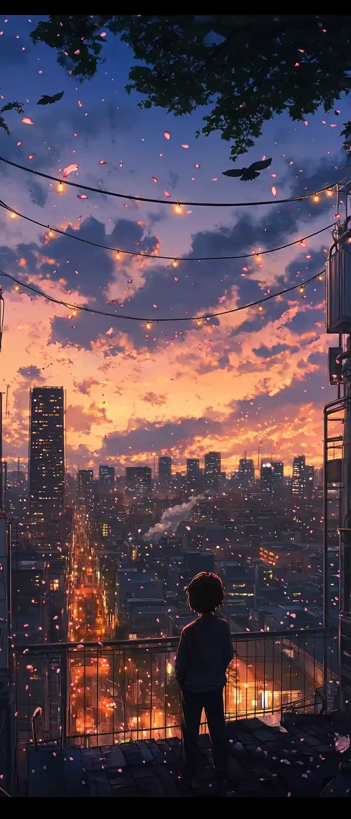 Anime woman on a city rooftop under glowing evening sky