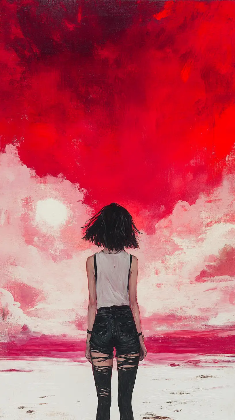 風暴中白色沙漠暮光裡的墨繪少女