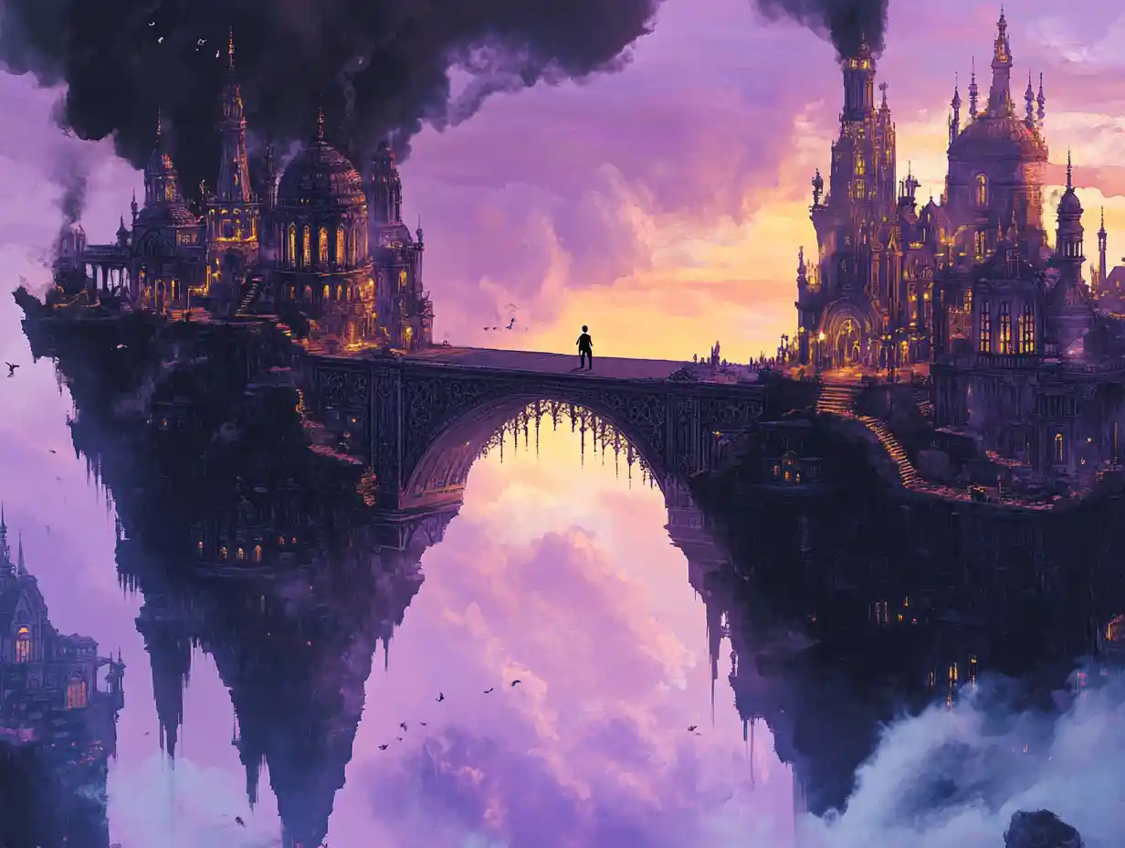 Victorian stone bridge between dark and glowing islands
