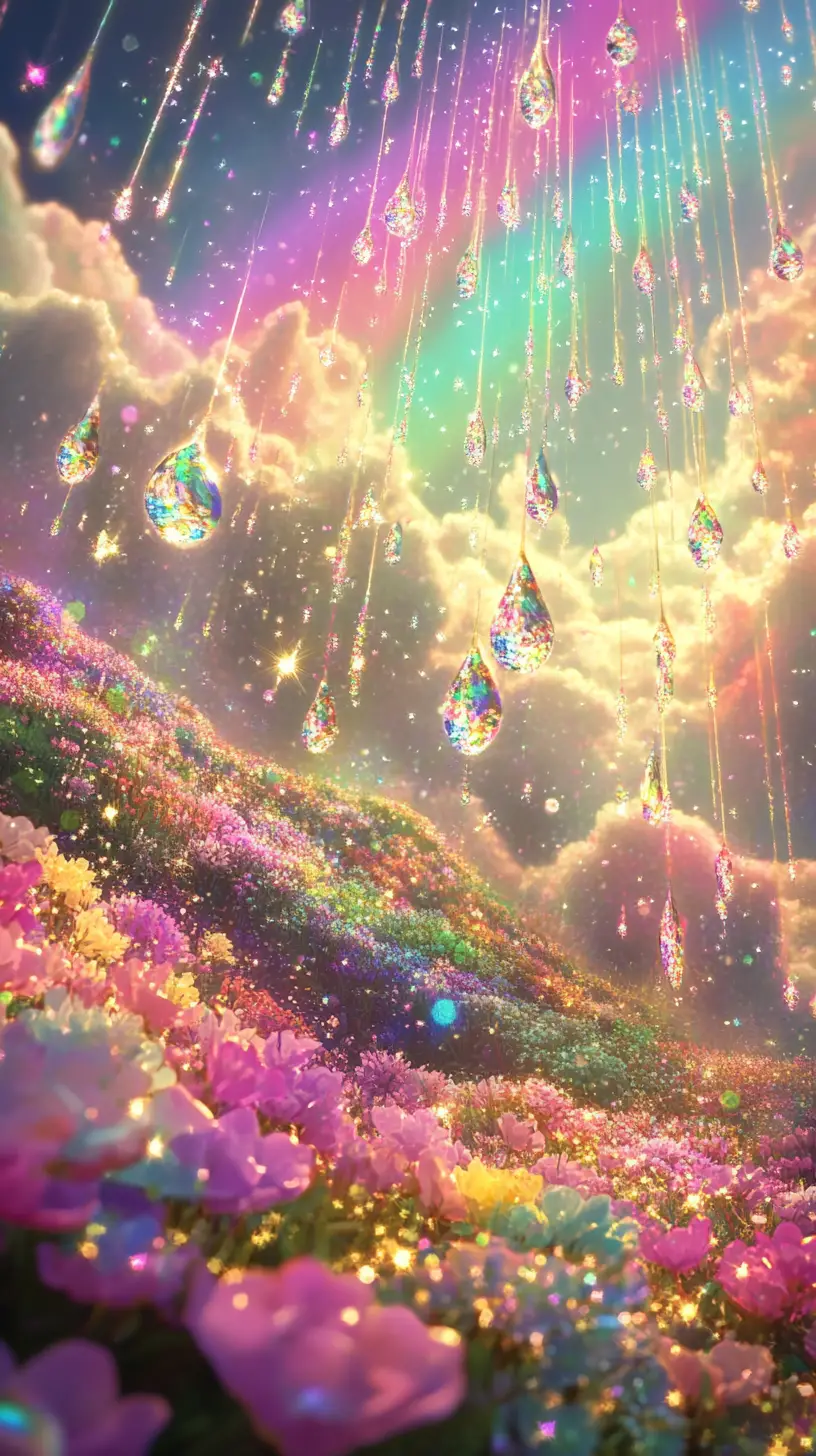Magical meadow under a radiant rainbow crystal sky