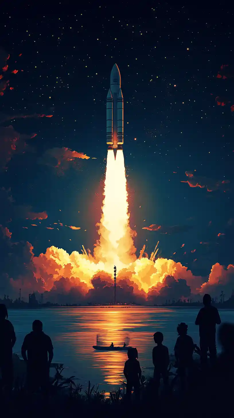 夜晚海灘遠望河上火箭升空