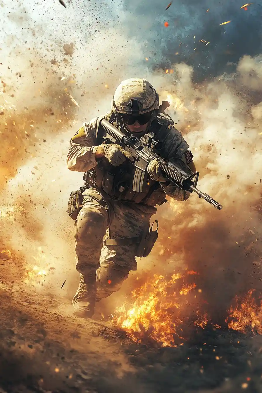 Anime soldier sprinting across explosive war battlefield