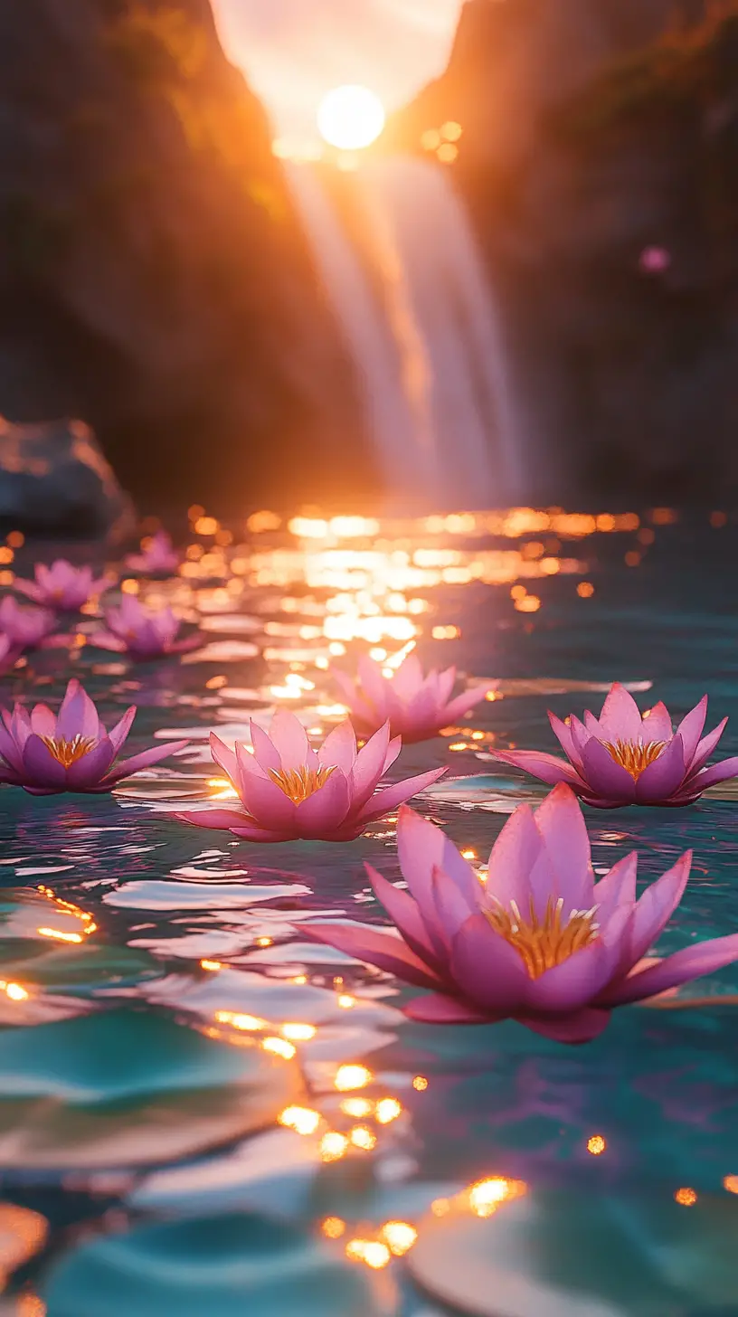 夕陽下碧綠湖水上的發光蓮花