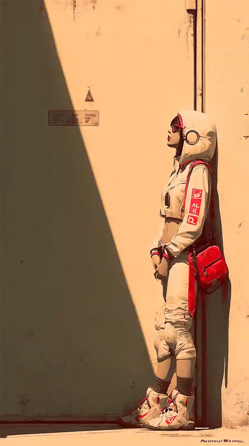 Astronaute en combinaison blanche adossé à un coin de rue calme