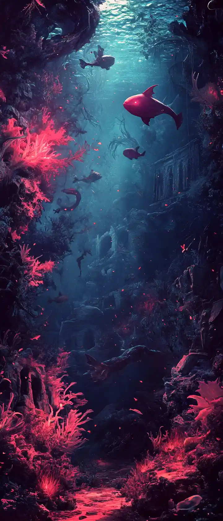 Mundo submarino surrealista con criaturas fantásticas y ruinas