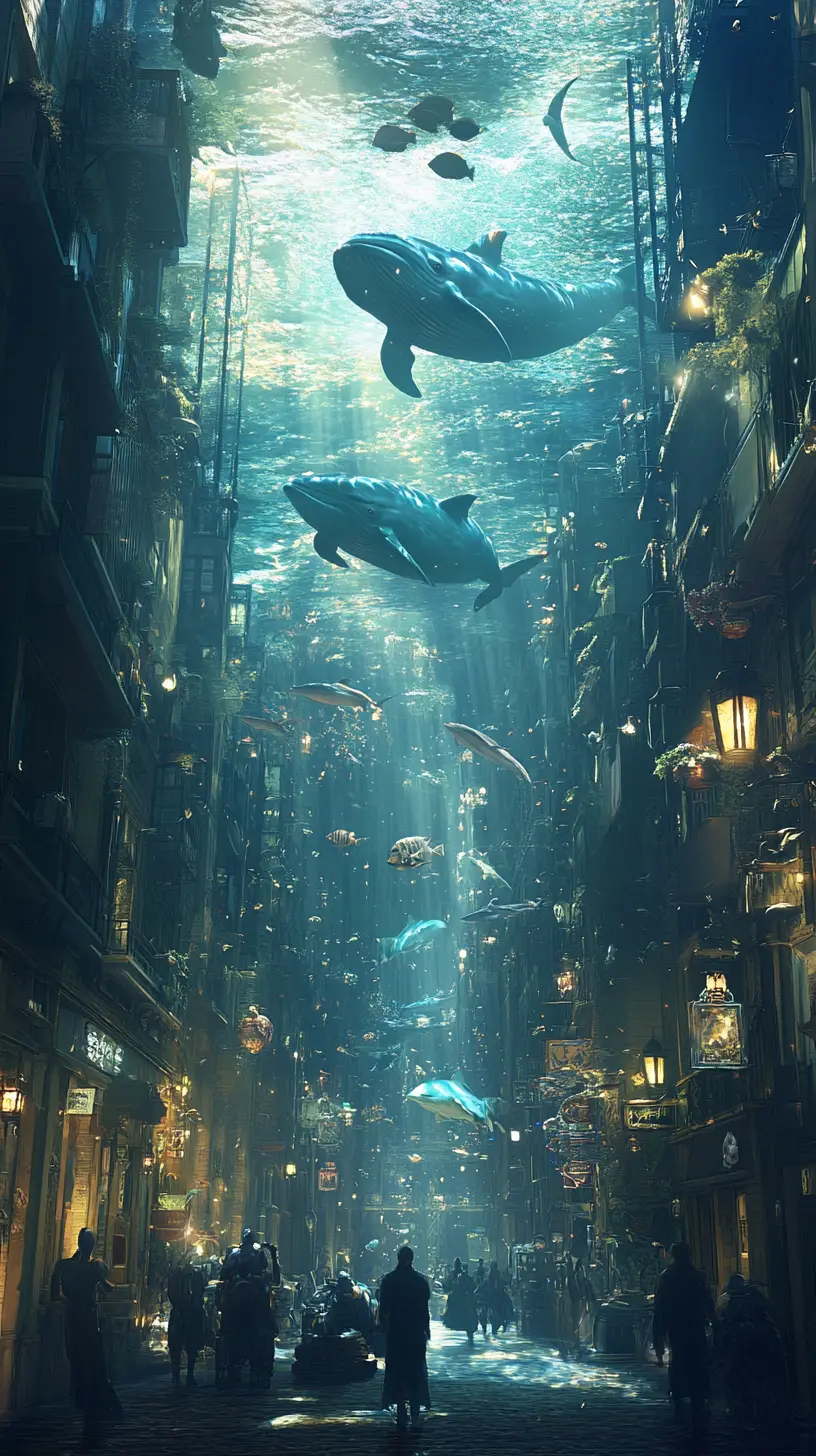 城市上空的超現實海洋天空與悠游的海洋生物