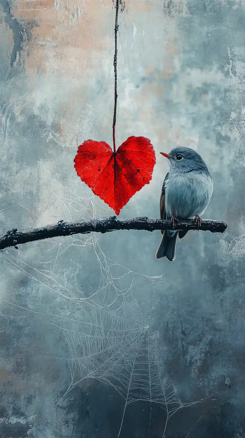 Hoja roja en forma de corazón con telarañas y un pajarito