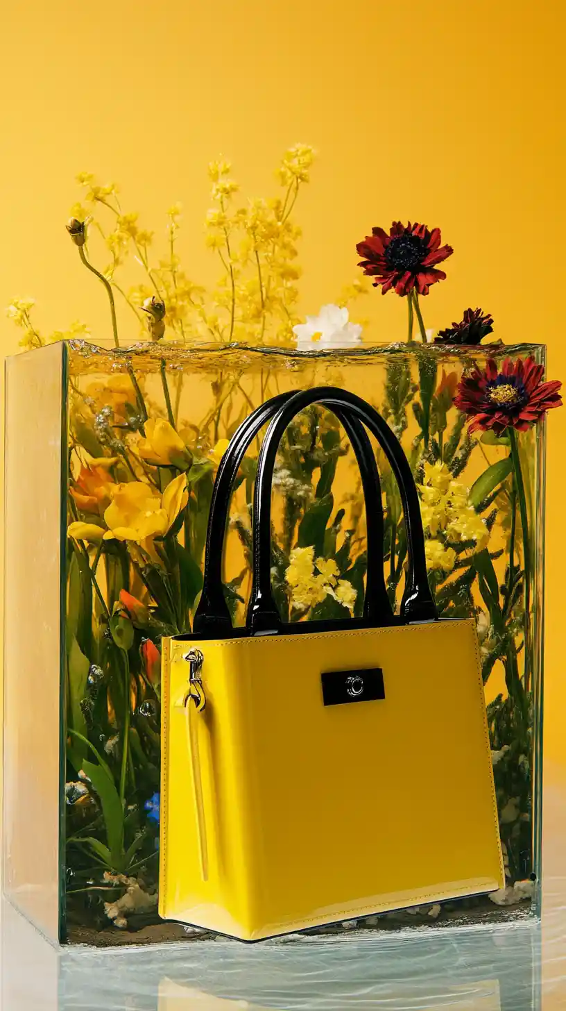 Photo produit minimaliste d’un sac à main et contraste d’aquarium floral
