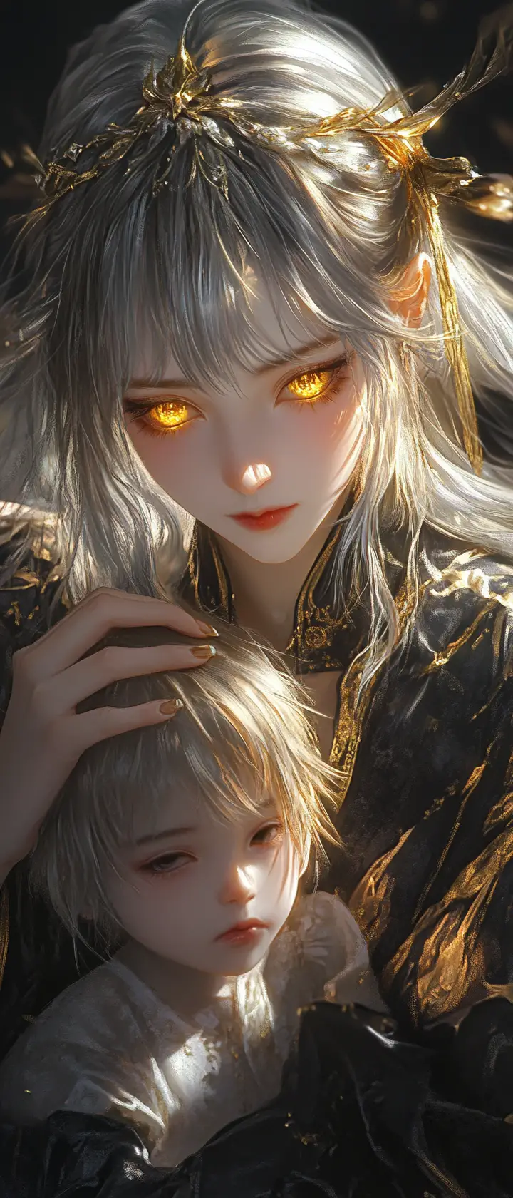 Ragazza malinconica con occhi dorati in una scena dark fantasy