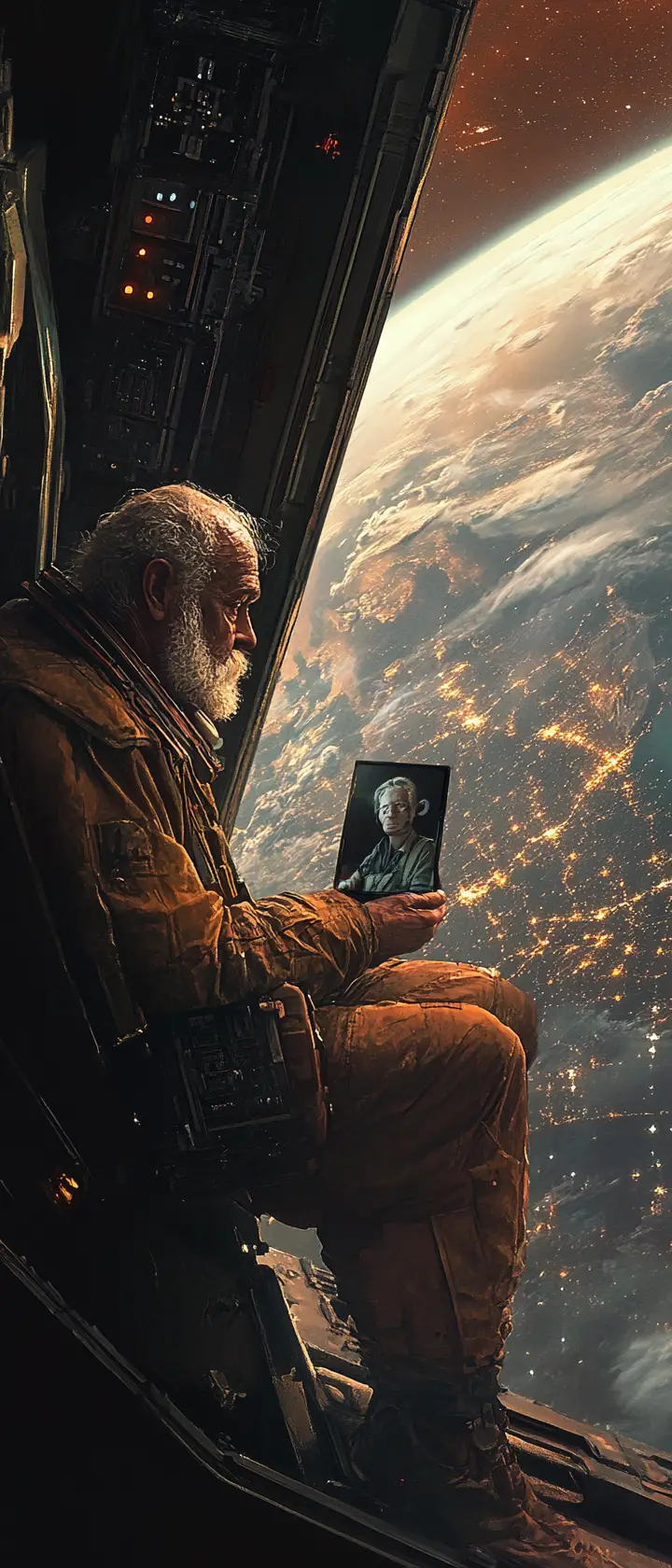 生鏽太空船中凝視遙遠地球的老年男子