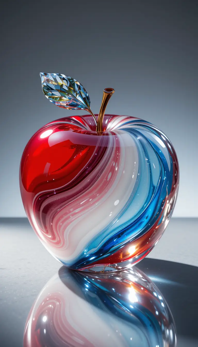 Manzana de vidrio con hoja de diamante sobre superficie reflectante
