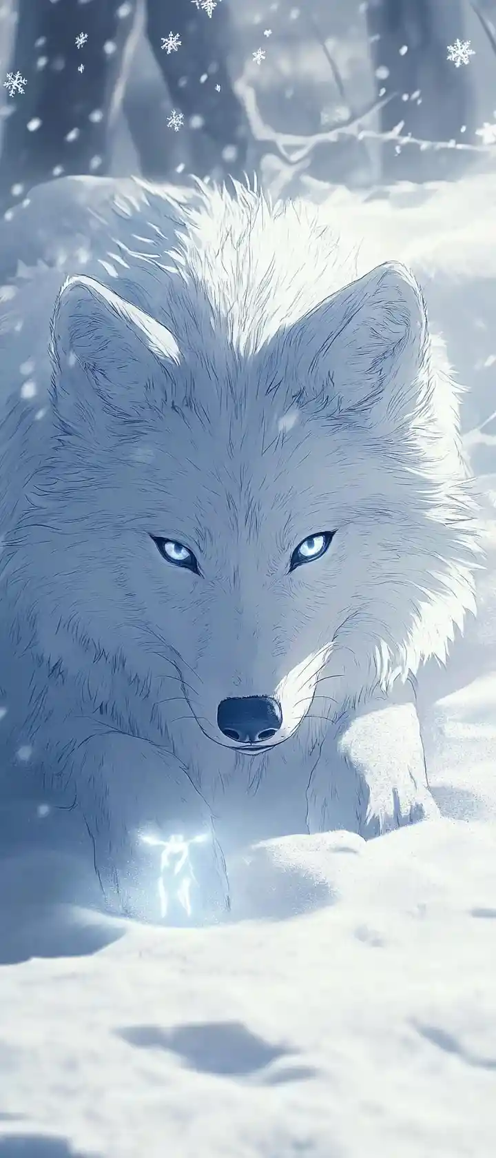 凍てついたツンドラで雪片を追うホッキョクオオカミ