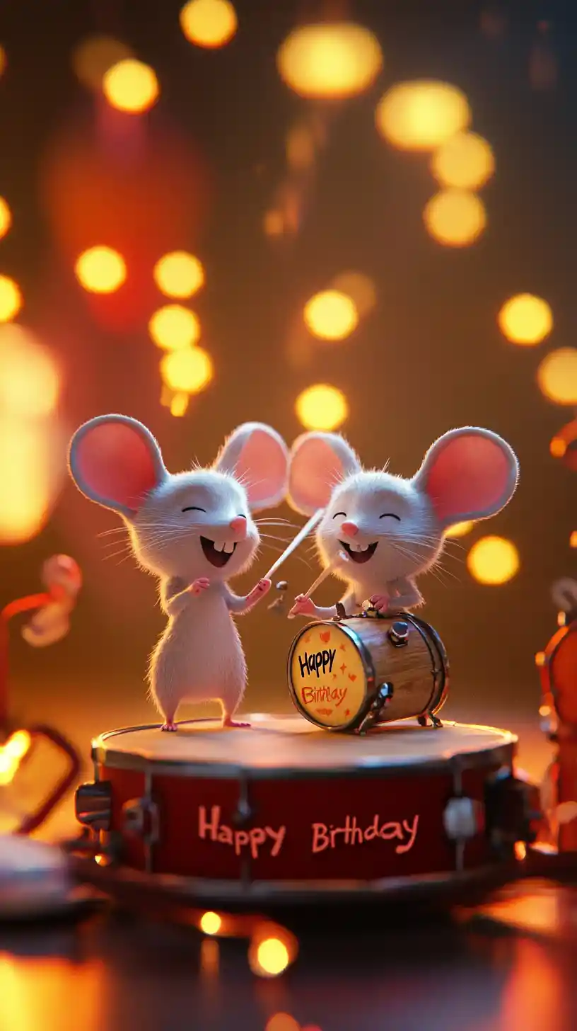 Mäuseband im Pixar-Stil spielt Happy Birthday auf der Bühne